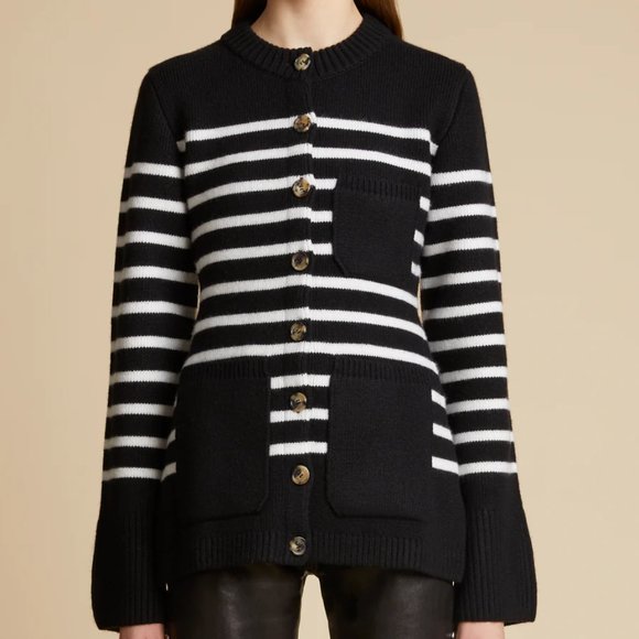 KHAITE Sweaters - Khaite Suzette Stripe Cashmere Cardigan in black/ White